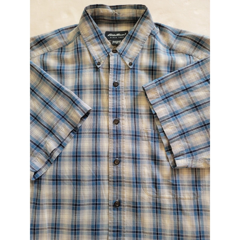 Eddie Bauer Plaid Shirt Mens Medium Blue Short Sleeve Button Down Cotton Hiking - Picture 2 of 12